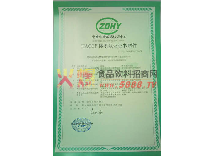 HACCP體系認證證書附件